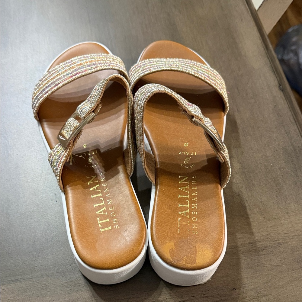 Italian Shoemakers Multistripe Buckle Slide Sandals — Tan Footbed, White Sole - Picture 4 of 6